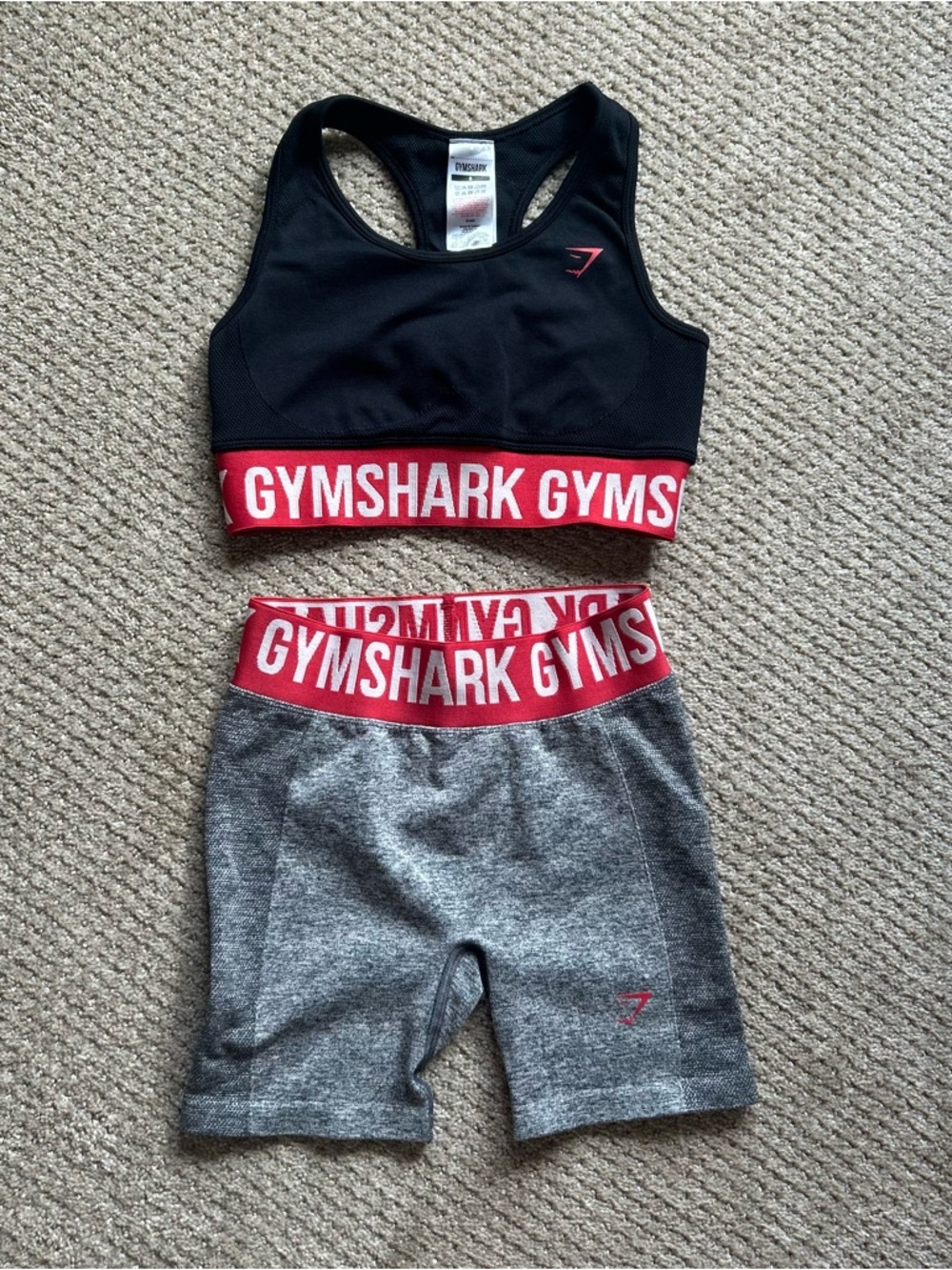 Gymshark Flex Sports Bra and Shorts Set Grey / Black / Red Size: Small / X-Small